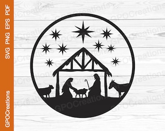 May include: Black and white silhouette of a nativity scene with a star, a manger, a donkey, a sheep, Mary, Joseph, and baby Jesus. The scene is set in a circle.