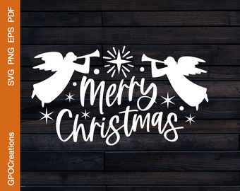 Merry Christmas SVG, Christmas Angel SVG, Angel Blowing Trumpet SVG, Christmas Svg, Merry Christmas Cut File, Happy Christmas, Angel Vector