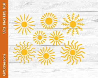 May include: A set of eight yellow sun illustrations with different ray designs. The suns are on a white wood background.