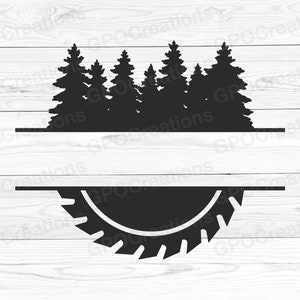 May include: Black and white silhouette of a saw blade with a line above and below it. Above the line is a row of pine trees. This is a digital design for a monogram.