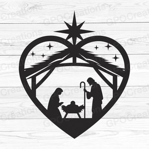 Nativity Scene SVG, Heart Nativity SVG, Nativity Scene Clipart, Nativity Scene Silhouette, Christmas Svg, Holy Night Svg, Nativity Scene Dxf