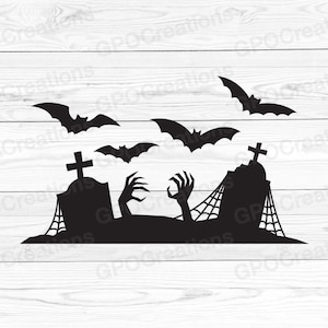 Cimitero di Halloween SVG, mani di zombi SVG, pipistrelli SVG, file di taglio clipart PNG cimitero spettrale, sagoma del cimitero, cimitero SVG