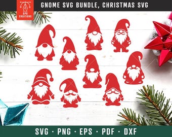 May include: A set of ten red gnome SVG cut files. The gnomes are in various poses, including standing, sitting, and holding a sack. The gnomes are all wearing red hats and have white beards. The SVG files are perfect for creating Christmas crafts, decorations, and gifts.