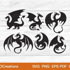 K&ouml;nnte beinhalten: F&uuml;nf schwarze Silhouettenbilder von Drachen in verschiedenen Posen. Die Drachen sind in verschiedene Richtungen gewandt und haben Fl&uuml;gel, Schw&auml;nze und Krallen.
