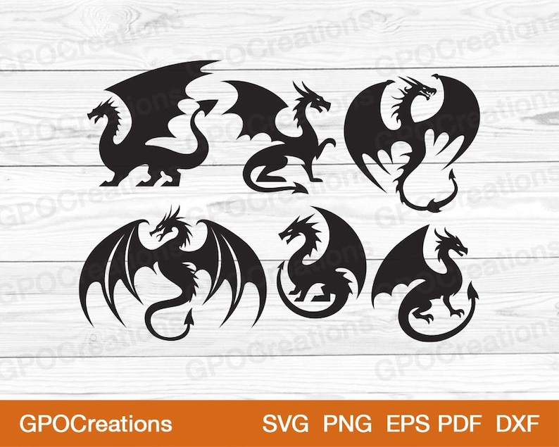 K&ouml;nnte beinhalten: F&uuml;nf schwarze Silhouettenbilder von Drachen in verschiedenen Posen. Die Drachen sind in verschiedene Richtungen gewandt und haben Fl&uuml;gel, Schw&auml;nze und Krallen.
