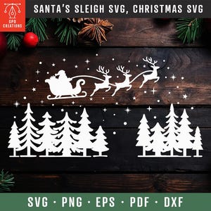 Slitta di Babbo Natale SVG, Notte di Natale SVG, Silhouette di Babbo Natale e renne, Slitta di Babbo Natale volante SVG, Pini Svg, Scena di Natale Png Pdf Dxf