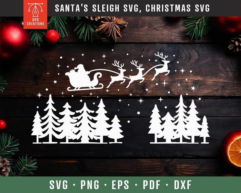 Santa's Sleigh SVG, Christmas Night SVG, Santa and Reindeer Silhouette ...