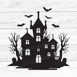 Casa stregata di Halloween SVG, Silhouette casa stregata di Halloween, Casa spettrale SVG, SVG Halloween, Pipistrelli Svg, Casa stregata Png, Halloween Svg