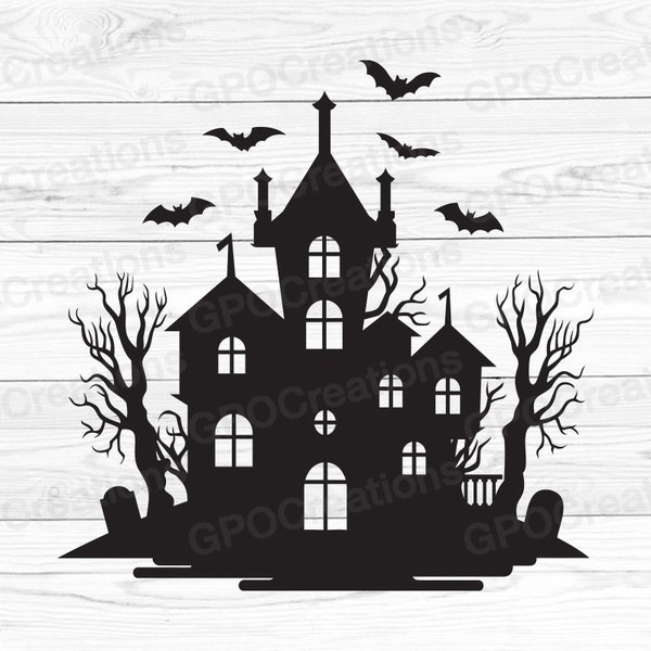 Halloween Haunted House SVG, Halloween Haunted House Silhouette, Spooky House SVG, SVG Halloween, Bats Svg, Haunted House Png, Halloween Svg
