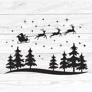 Weihnachten SVG, Weihnachtsschlitten SVG, Weihnachtsnacht SVG, Weihnachtsmann Silhouette, Rentier Silhouette, Kiefern Bäume SVG, Weihnachtsszene SVG