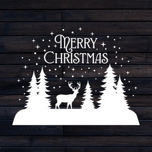Navidad SVG, Feliz Navidad SVG, Adornos de Navidad SVG, Navidad svg, Escena de invierno Svg, Pinos, Escena de Navidad nevada Archivo cortado Dxf
