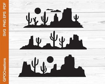 May include: Three black silhouette designs of desert landscapes with mountains, cacti, and a sun. The top design has a single mountain, the middle design has two mountains, and the bottom design has three mountains.