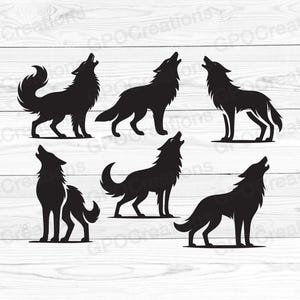 Lot de loups SVG, SVG de loup hurlant, loups SVG, fichier de coupe de loup, conception de chemise de loup, Svg de loup solitaire, silhouette de loup, loups hurlants Svg Png Dxf