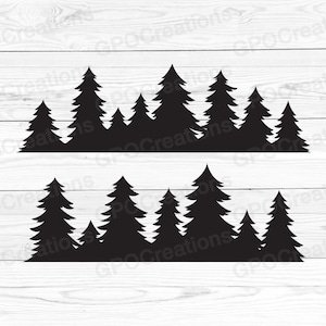 May include: Two black silhouette images of a forest with pine trees. The top image has a larger group of trees with a few smaller trees in front. The bottom image has a smaller group of trees with a few larger trees in the back.