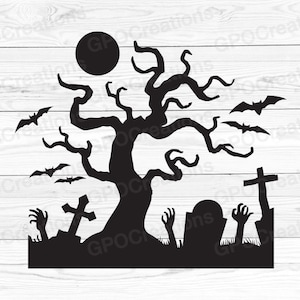 Halloween Graveyard SVG, Spooky Graveyard Cemetery PNG Clipart Cut File, Zombie Hands, Bats Svg, Graveyard Silhouette, Cemetery Svg