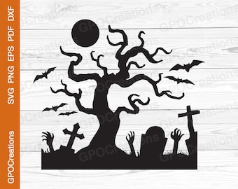 Halloween Graveyard SVG, Spooky Graveyard Cemetery PNG Clipart Cut File, Zombie Hands, Bats Svg, Graveyard Silhouette, Cemetery Svg