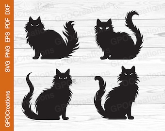 Pode incluir: Quatro silhuetas de gatos pretos em várias poses. Os gatos estão todos virados para a frente com as caudas enroladas atrás deles. Os gatos estão sobre um fundo de madeira branca.