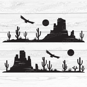 Scène du désert SVG, SVG de cactus, paysage désertique SVG, Svg du désert, des cliparts désert, désert Png, désert couper fichier, Silhouette du désert, soleil Svg