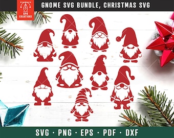May include: A set of ten red and white Christmas gnome SVG cut files. The gnomes are in various poses, including standing, sitting, and holding a gift. The SVG files can be used to create personalized Christmas decorations, cards, and gifts.
