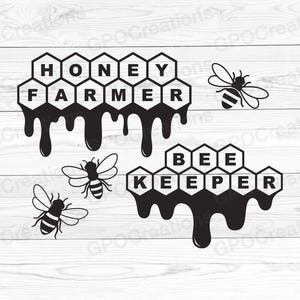 May include: Black and white graphic design of honeycombs with the words "HONEY FARMER" and "BEE KEEPER" dripping honey. There are also three black and white bee illustrations.