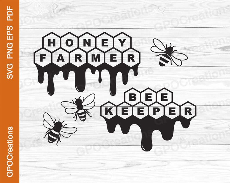 May include: Black and white graphic design of honeycombs with the words "HONEY FARMER" and "BEE KEEPER" dripping honey. There are also three black and white bee illustrations.