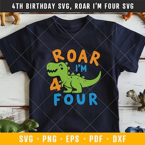 Brüllen ich bin vier SVG, brüllen ich 4 SVG, Dinosaurier Geburtstagskind SVG, Dino Geburtstag Shirt, vierter Geburtstag Kinder SVG, 4. Geburtstag Dxf Png Clipart