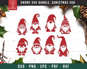 May include: A collection of eight red gnome designs with white beards and various hat styles. The image includes the text "Gnome SVG Bundle, Christmas SVG" and file type options: SVG, PNG, EPS, PDF, and DXF.