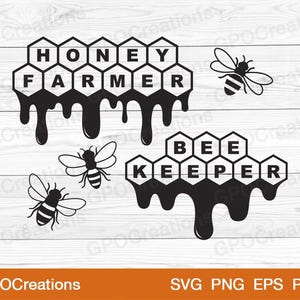 May include: Black and white digital design featuring two honeycomb designs with dripping honey. The top honeycomb design reads "HONEY FARMER" and the bottom honeycomb design reads "BEE KEEPER". There are three black and white bee illustrations.