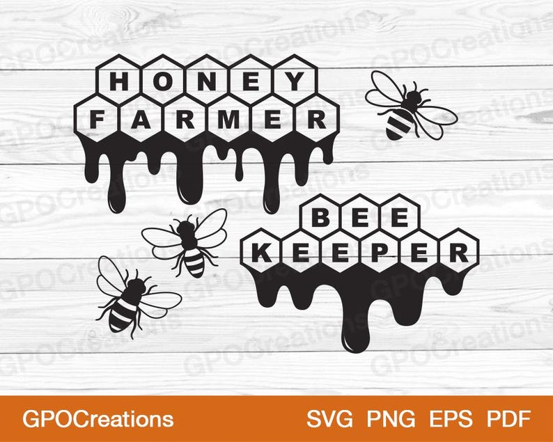 May include: Black and white digital design featuring two honeycomb designs with dripping honey. The top honeycomb design reads "HONEY FARMER" and the bottom honeycomb design reads "BEE KEEPER". There are three black and white bee illustrations.