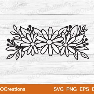 May include: Black and white line art illustration of a floral arrangement with three large flowers and leaves. The flowers have a daisy-like shape with multiple petals.