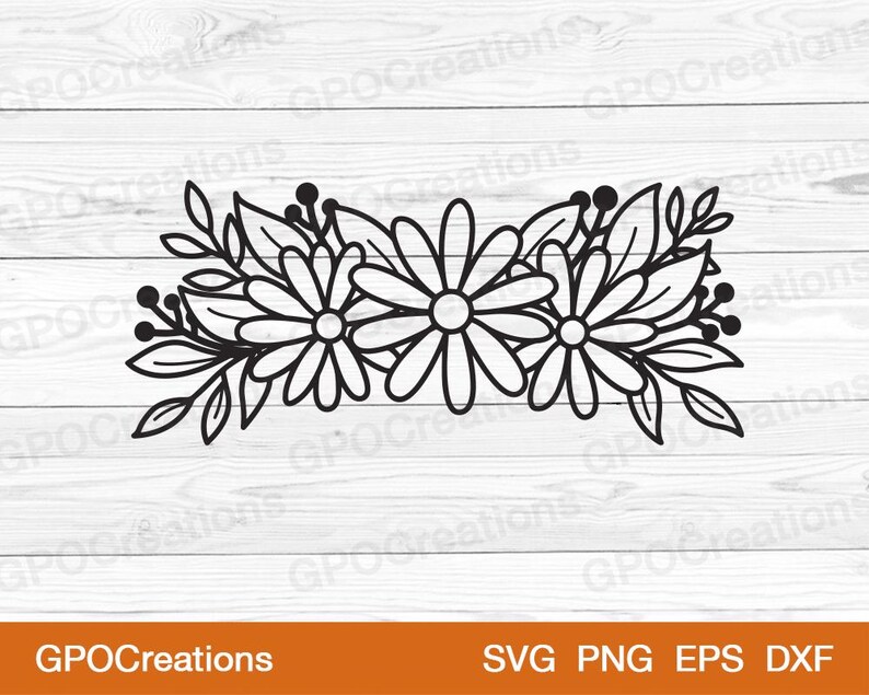 May include: Black and white line art illustration of a floral arrangement with three large flowers and leaves. The flowers have a daisy-like shape with multiple petals.