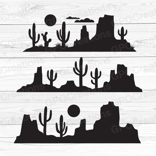 Desert Scene SVG, Desert Landscape SVG, Cactus SVG, Desert Png, Desert Cut File, Desert Svg, Desert Clipart, Desert Silhouette, Sun Svg