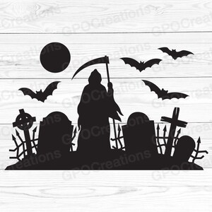 Grim Reaper SVG, Bats SVG, Spooky Graveyard SVG, Halloween Bats Svg, Tombstones Svg, Grim Reaper Clipart, Grim Reaper Cut File, Horror Svg
