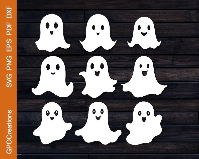 May include: Nine white ghost silhouettes with smiling faces. The ghosts are arranged in three rows of three. The ghosts are on a dark wood background.