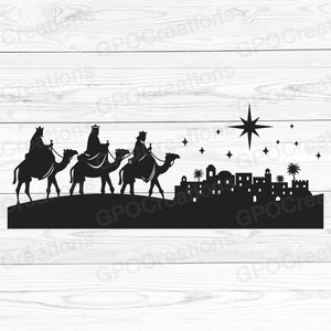 Bethlehem SVG, kerstster SVG, drie wijze mannen SVG, Bethlehem silhouet, Bethlehem gesneden bestand, ster van Bethlehem ornament Svg Png Dxf