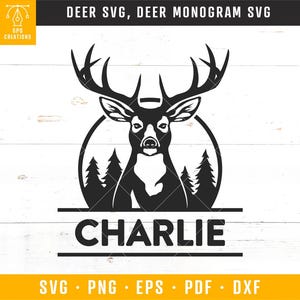 Ciervo SVG, Bosque SVG, Monograma de bosque SVG, Monograma de ciervo Svg, Caza de ciervos Svg, Cabeza de ciervo Svg, Clipart de caza de ciervos, Archivo de corte de cabeza de ciervo