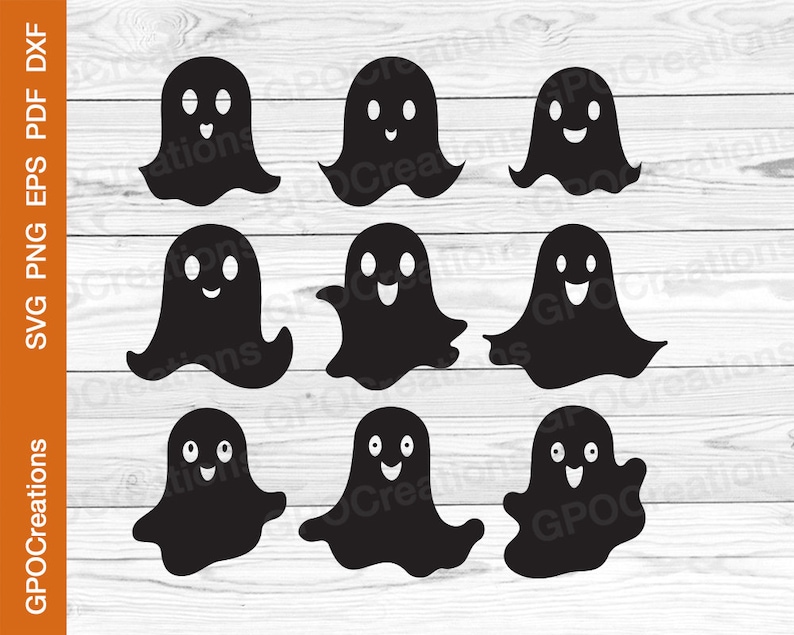 May include: Nine black ghost silhouettes with different facial expressions. The ghosts are all facing forward and have a simple, cartoon-like design.