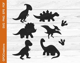 May include: Silhouettes of various dinosaurs, including a triceratops, stegosaurus, pterodactyl, and a long-necked dinosaur. There are also two sets of dinosaur footprints.