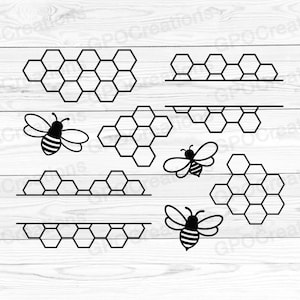 Puede incluir: Un conjunto de archivos de corte SVG de panal y abeja en blanco y negro. El conjunto incluye un panal grande, un panal pequeño y tres abejas.