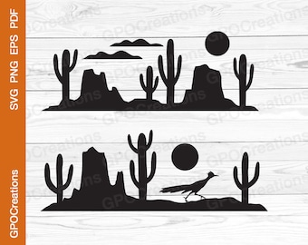 May include: Black silhouette of a desert landscape with two cacti, a mountain, and a sun. The bottom image shows a roadrunner bird running across the desert with a cactus and a sun in the background.