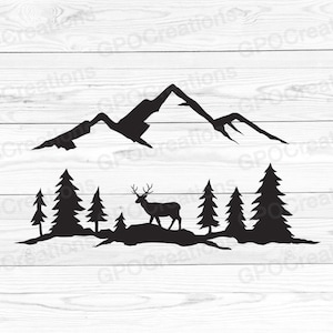 Cervi in formato SVG, foresta in formato SVG, foresta di pini in formato SVG, all'aperto in formato Svg, caccia al cervo in formato Svg, Buck in formato Svg, foresta di alberi in formato Svg, sagoma della foresta, file in formato Svg di montagna