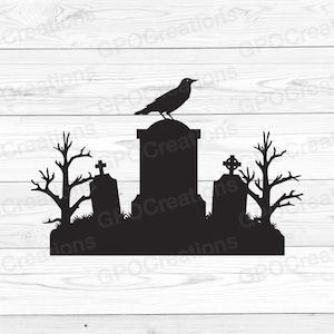 Grafsteen SVG, kraai SVG, Halloween kerkhof SVG, grafsteen, grafsteen, kraai gesneden bestand, grafsteen clipart, grafsteen png, kerkhof Svg Dxf