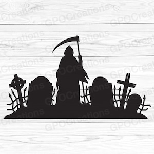 Grim Reaper SVG, Spooky kerkhof SVG, Halloween SVG, Grafstenen Svg, Grim Reaper Clipart, Grim Reaper Cut File, Horror Svg, Halloween Png