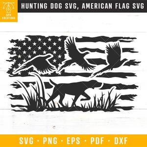 Perro de caza SVG, Caza del faisán SVG, Caza de aves SVG, Bandera estadounidense Svg, Perro de caza Pointer, Svg patriótico, Temporada de caza Svg Pdf Dxf