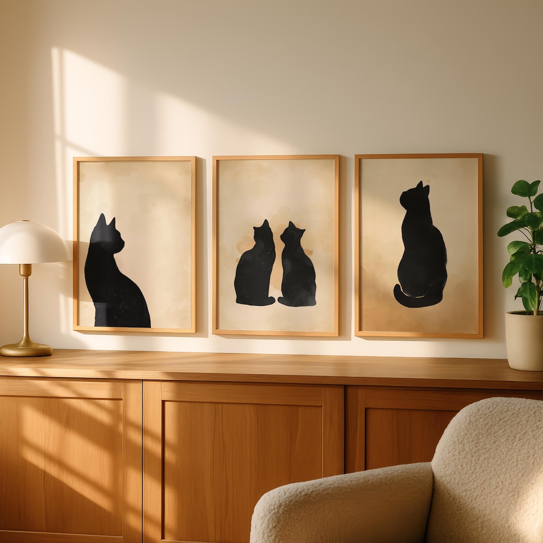 Black Cat Print Bundle | Vintage Minimalist Animal Wall Art | Witchy ...