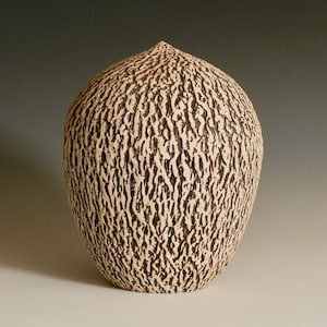 Könnte beinhalten: Eine weiße Keramikvase mit einem strukturierten, braun-weißen Muster. Die Vase ist rund und hat eine glatte, abgerundete Oberseite.