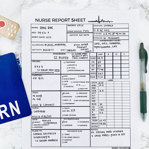 Nurse Report Sheet-Med/Surg/Telemetry