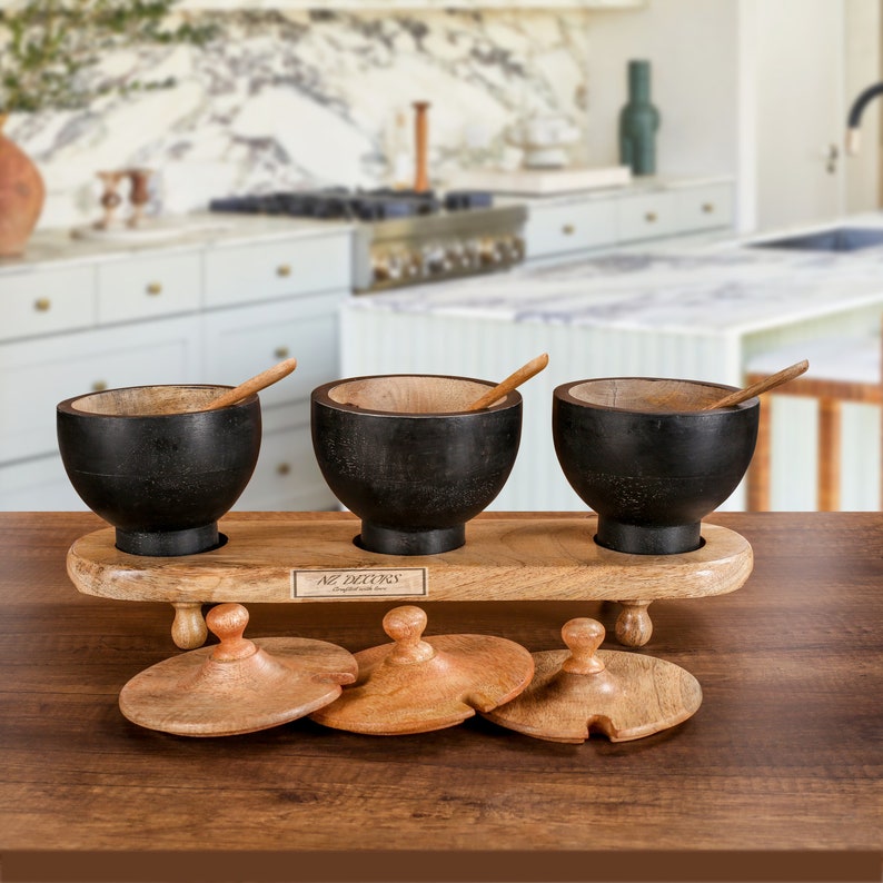 Handcrafted Mango Wood Condiment Pots Set of 3 16.5x5x8 Inch NZ DECORS