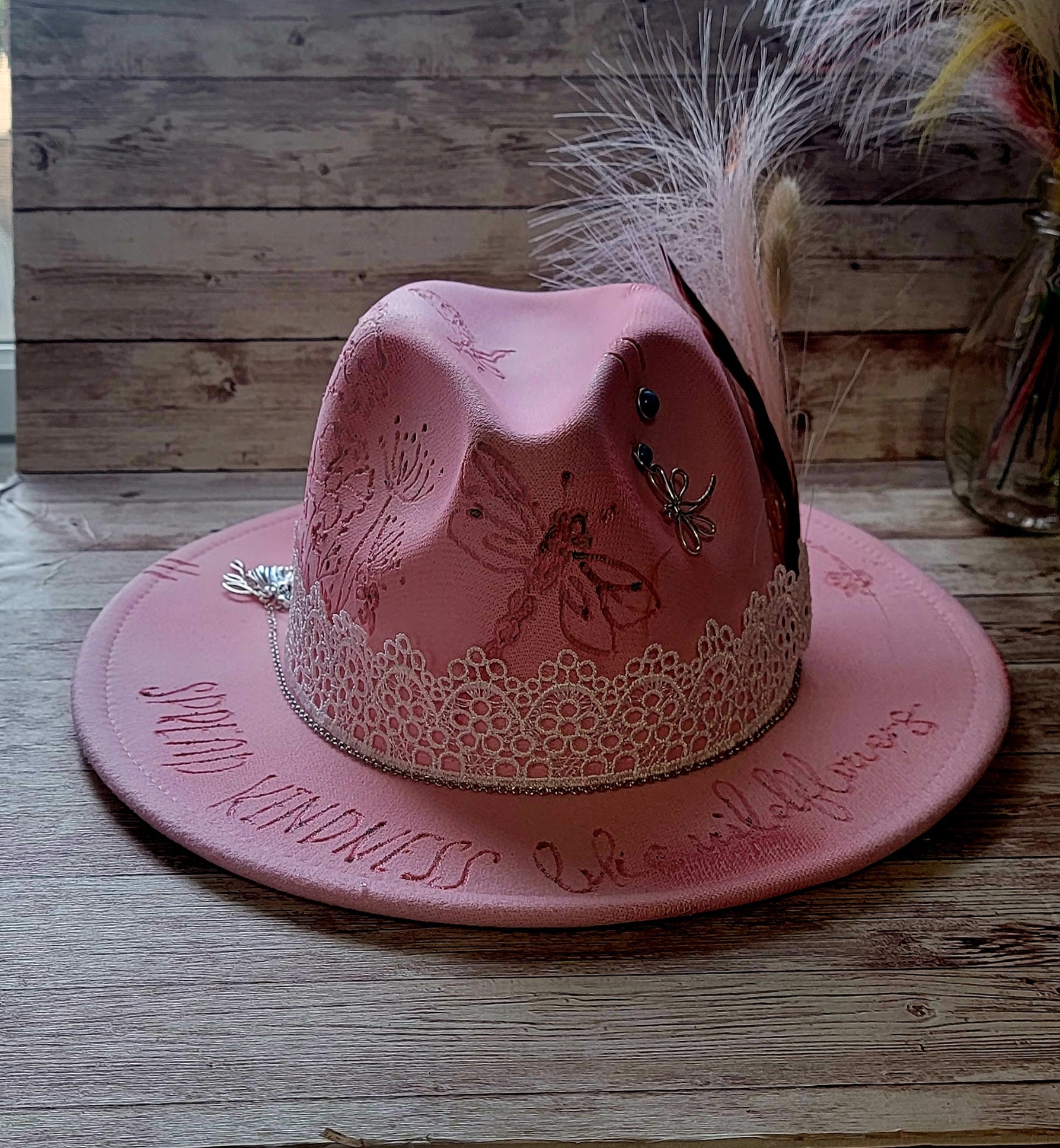 Spread Kindness Like Wildflowers Hand Burned Fedora Concert Rodeo