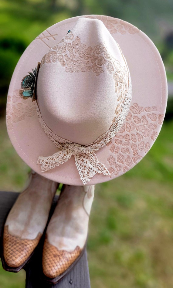 Leopard and Lace Hand Burned Fedora Cowboy Hat Country Music  display picture 3
